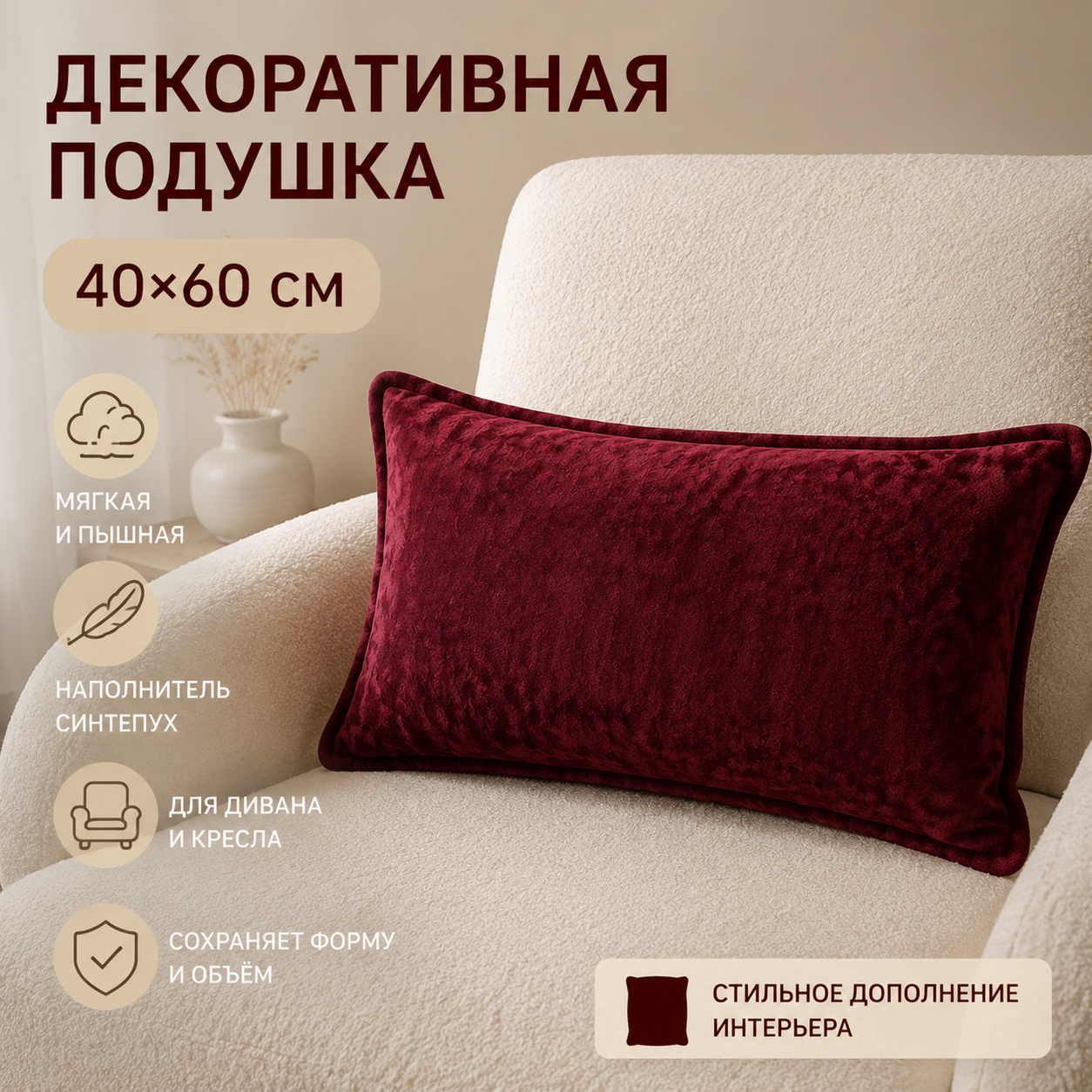 Подушка Велюр "Красный бархат"